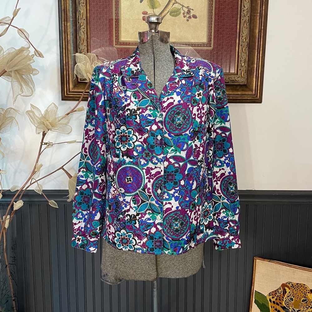 Vintage 70s 80s Pykettes Abstract Floral Pleated Button Up Blouse 💚🎀